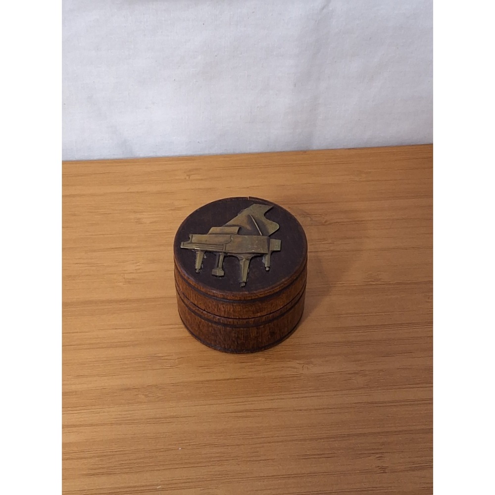 Vintage Wooden Keepsake Box With Brass Inlay Of Grand Piano